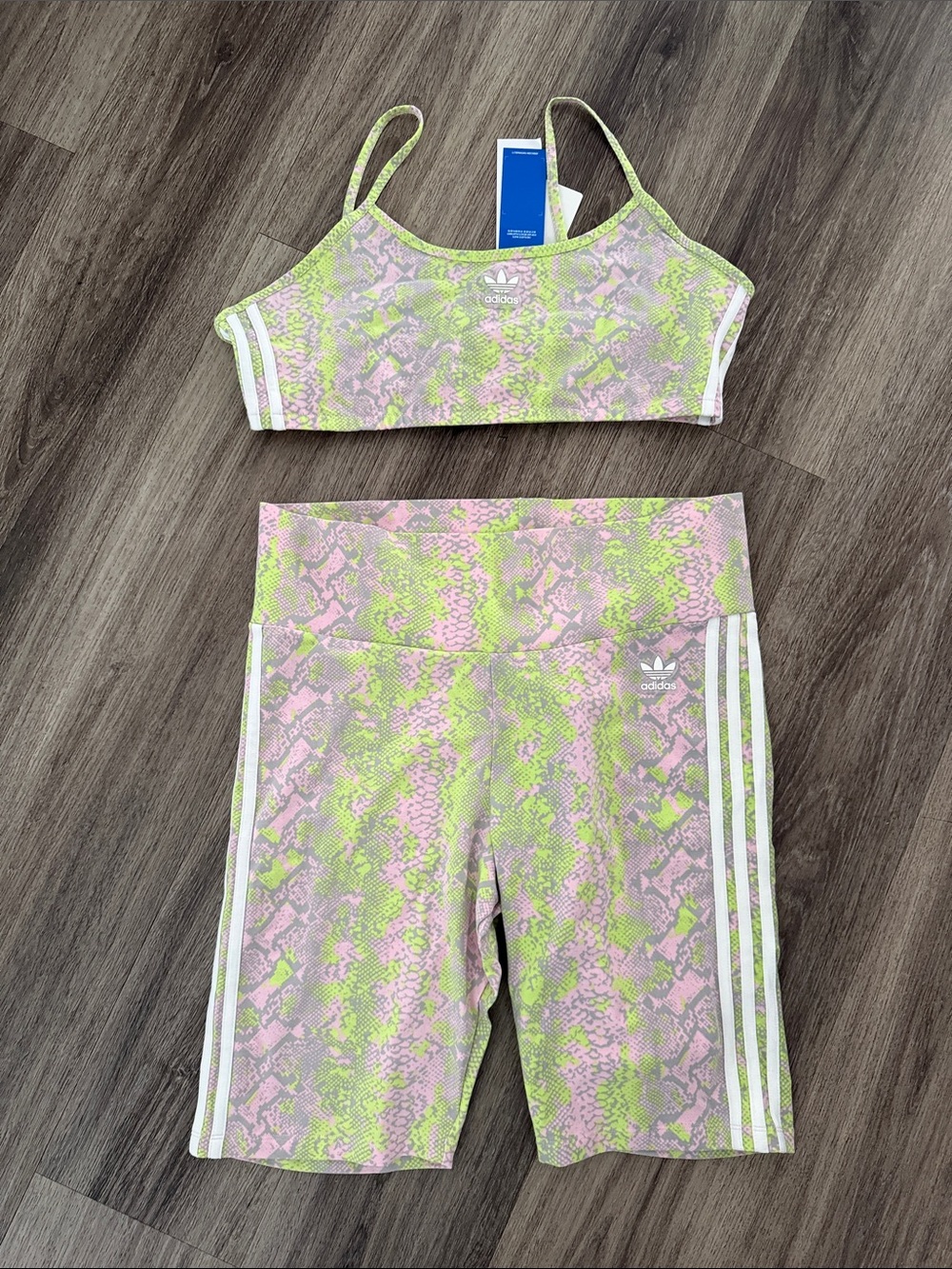 adidas original Shorts Set Pink & Lime Snake-Print Sports Bra and Bike Short